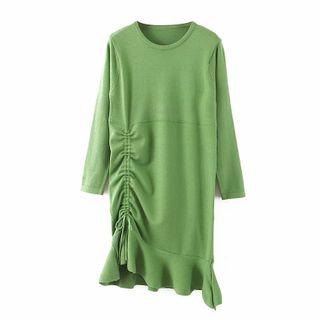 Long-sleeve Drawstring Knit Dress Avocado Green - One Size