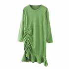 Long-sleeve Drawstring Knit Dress Avocado Green - One Size