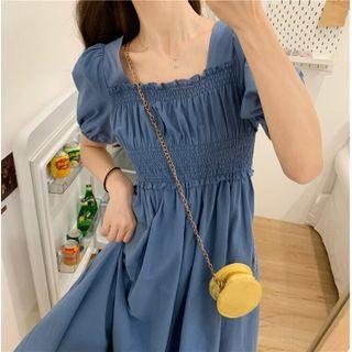 Puff-sleeve Shirred Midi A-line Dress Dark Blue - One Size