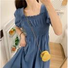 Puff-sleeve Shirred Midi A-line Dress Dark Blue - One Size