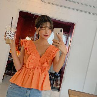 V-neck Sleeveless Frilled Peplum Blouse