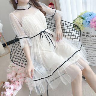 Mock-neck Mesh Lace A-line Dress