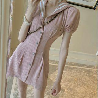 Puff Sleeve Sailor Collar Pinstripe Dress