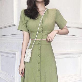 Set: V-neck Blouse + A-line Midi Skirt