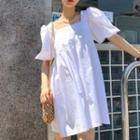 Puff Sleeve Square Neck Plain Dress White - One Size