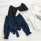 Plain Off-shoulder Lace-up Long-sleeve Blouse