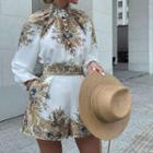 Set: Print Blouse + Wide Leg Shorts