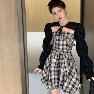 Strapless Plaid A-line Dress / Cropped Blouse