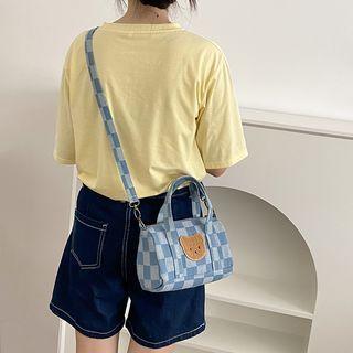 Cartoon Bear Checkerboard Crossbody Bag Blue - One Size