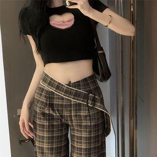 Plaid High Waist Wide Leg Pants / Short-sleeve Cropped T-shirt