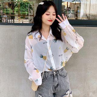 Pineapple Print Long Sleeve Chiffon Shirt White - One Size