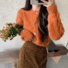 Crew-neck Furry-knit Cardigan / Floral Midi Skirt