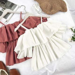 Ruffle Off-shoulder Spaghetti Strap Short-sleeve Top