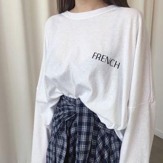 Long-sleeve T-shirt / Mock Plaid Shirt Mini Skirt Set :white T-shirt + Navy Blue Skirt