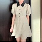 Two Tone Puff Sleeve Button-up Dress Khaki - One Size