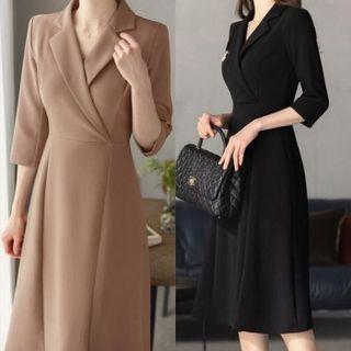 3/4-sleeve Notch-collar Midi Dress