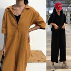 Plain Elbow-sleeve Jumpsuit