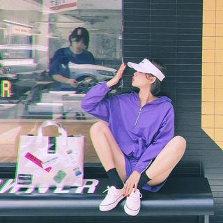 Set: Contrast-trim Anorak Hoodie + Sweatshorts