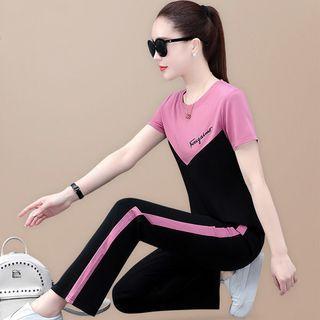 Set: Short-sleeve Two-tone T-shirt + Straight Leg Pants