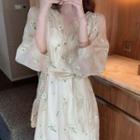 Set: Long-sleeve Floral Print Mesh Midi Dress + Slipdress Long-sleeve Dress - Beige - One Size / Slipdress - White - One Size