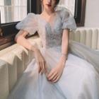 Puff-sleeve Embellished Mesh Cocktail Dress