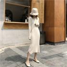 Collared Long-sleeve Midi Knitted Dress