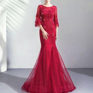 Flower Detail 3/4-sleeve Mermaid Evening Gown