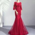Flower Detail 3/4-sleeve Mermaid Evening Gown