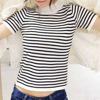 Striped Mock Neck Short-sleeve Knit Top