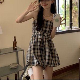 Spaghetti Strap Plaid Romper Black - One Size