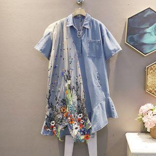 Short-sleeve Mesh Panel Flower Embroidered Denim Dress