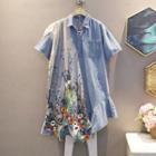 Short-sleeve Mesh Panel Flower Embroidered Denim Dress