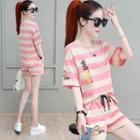 Set: Elbow-sleeve Striped T-shirt + Wide-leg Shorts