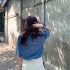 Round-neck Letter-printed T-shirt Blue - One Size