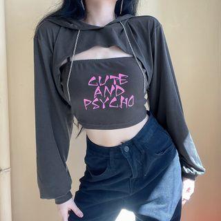 Set: Cropped Hoodie + Lettering Print Camisole Top