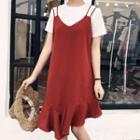 Set: Ruffle Hem Strappy Chiffon Dress + Short-sleeve T-shirt