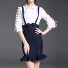 Set: Bow Elbow-sleeve Shirt + Denim Jumper Skirt