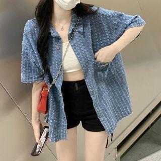 Short-sleeve Denim Shirt Jacket Blue - One Size