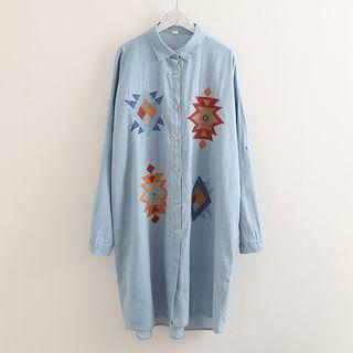 Embroidered Long-sleeve Denim Shirt Dress
