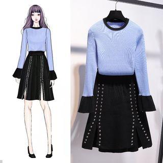Set Long-sleeve Contrast Trim Knit Top + Slit A-line Skirt