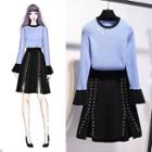 Set Long-sleeve Contrast Trim Knit Top + Slit A-line Skirt