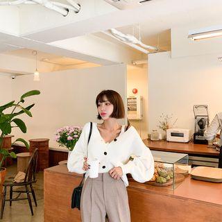 Set: Beribboned Rib-knit Cardigan + Sleeveless Top