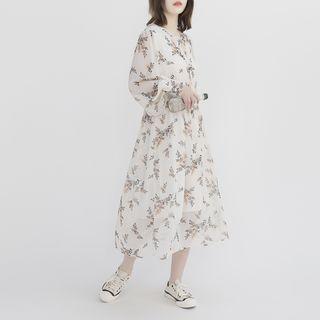 Floral Long-sleeve A-line Chiffon Dress As Shown In Figure - One Size