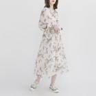 Floral Long-sleeve A-line Chiffon Dress As Shown In Figure - One Size