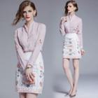 Set: Floral Embroidered Blouse + Floral Embroidered Pencil Skirt
