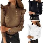 High-neck Long-sleeve Ruffled Button-up Knit Top