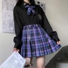 Plaid Pleated Mini A-line Skirt / Ribbon Bow Tie / Necktie / Short-sleeve Logo Embroidered Shirt / Set