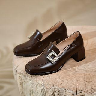 Chunky Heel Rhinestone Buckled Loafers