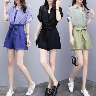 Set: Plain Camisole Top + Short-sleeve Blouse + High Waist Wide-leg Shorts