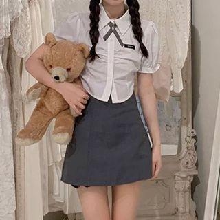 Short-sleeve Shirred Bow Shirt / A-line Skirt / Set